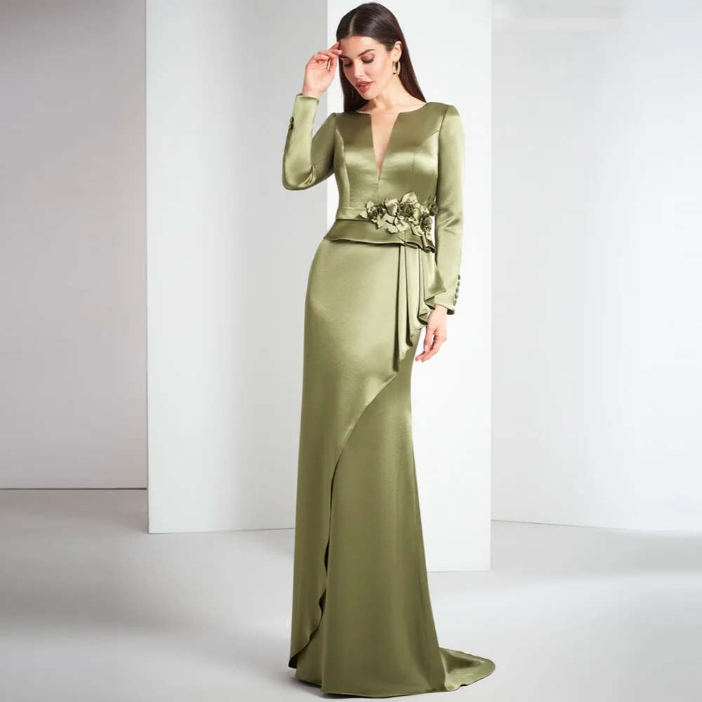 

15794# Elegant Long Sleeves Ruced Satin Mother Of Bride Gown With 3D Flowers Wedding Party Evening Prom Dress فستان المساء