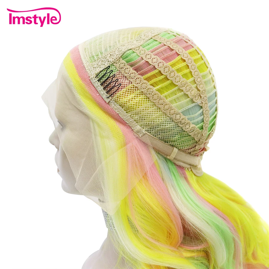 Imstyle Colorful Wig Long Rainbow Synthetic Lace Front Wig Heat Resistant Fiber Natural Wavy Wigs For Women Party Pink Yellow