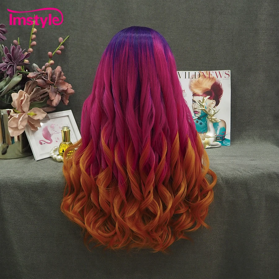 Wig Sintetik Berenda Depan Imstyle Ombre Wig Ungu Multiwarna untuk Wanita Wig Renda Panjang Serat Tahan Panas Wig Pesta