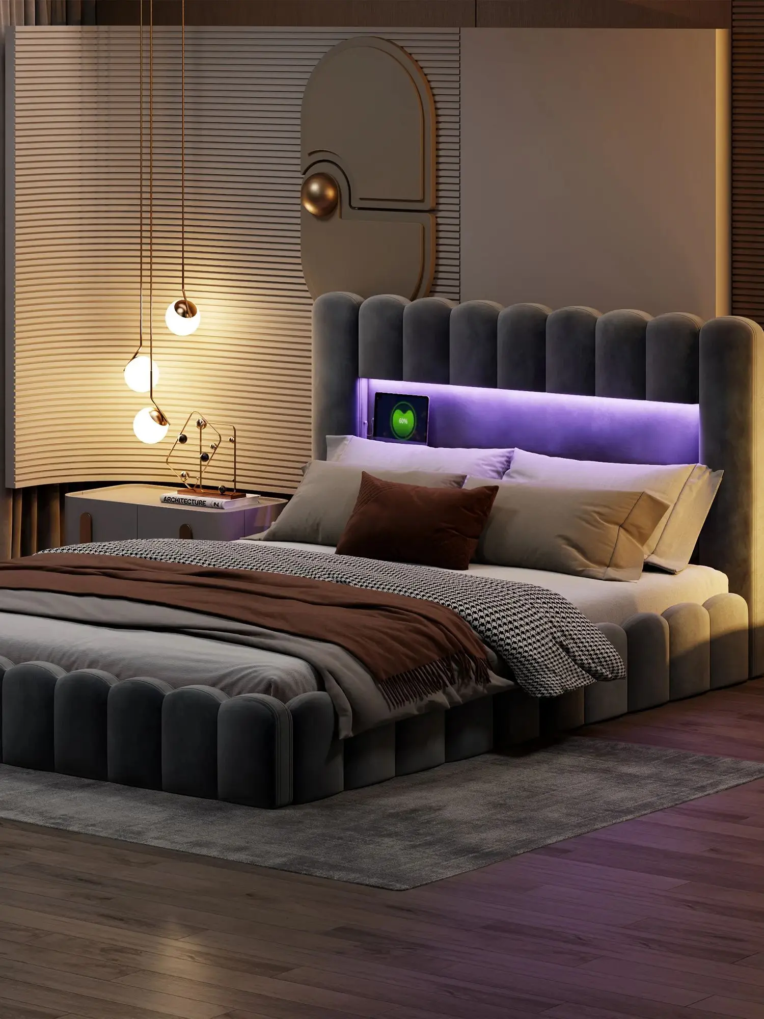 Rosahqnda Hydraulisches Doppelbett 180 x 200 cm, LED & USB Bett mit Stauraum, gepolstertes Gästebett, Jugendbett, Samt