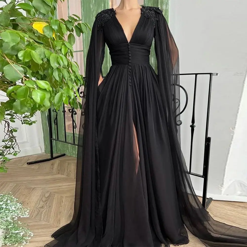 Sexy A-line Beaded Pleat Chiffon Prom Dress V Neck Applique High Waist Evening Party Gowns Floor length Formal Occasion Dresses