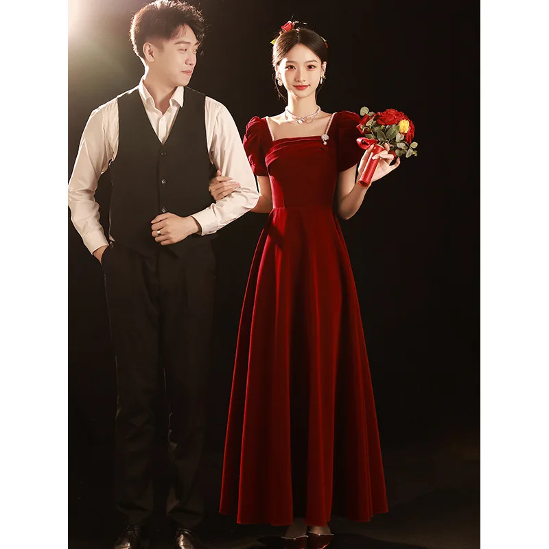 Toast dress bride new summer wine red engagement dress can be worn at ordinary times high-grade French style slim women