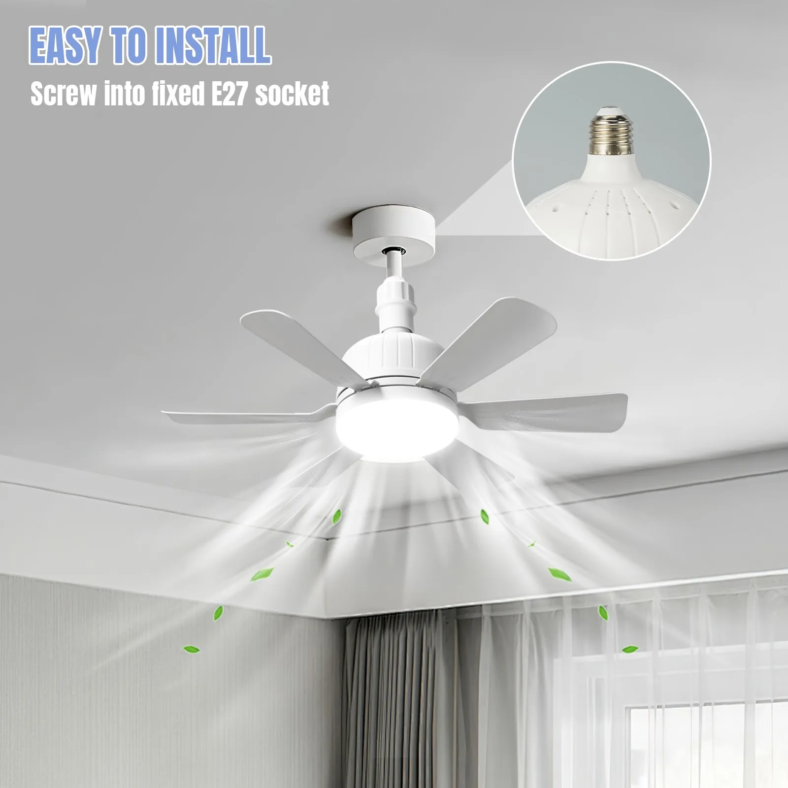 Ventilateur de plafond LED E27 avec lumière, télécommande, 3 vitesses de vent, variateur d'intensité, minuterie, lampe pour chambre à coucher, salon