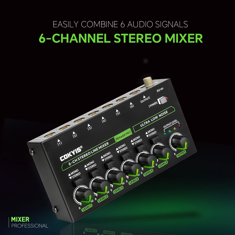 MIX600-PRO Mixer di linea stereo a 6 canali a rumore ultra basso con illuminazione RGB Audio ad alta fedeltà per studio e uso professionale