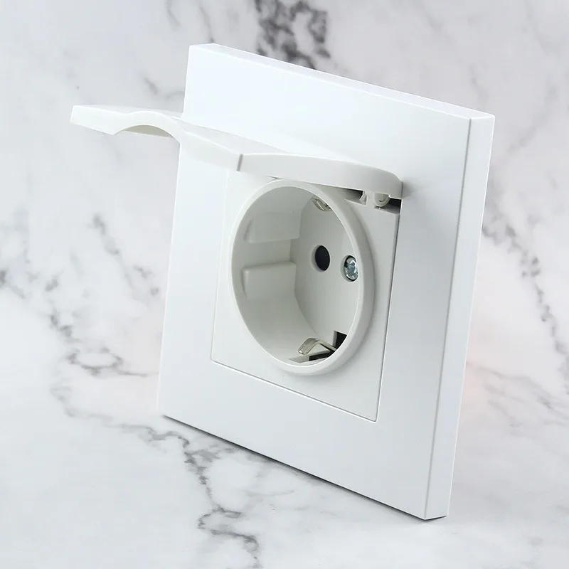 

European French Standard Power Outlets with flap, 16A Bathroom Grounded Electrical Plug with White Protective Cover Lid 86*86mm