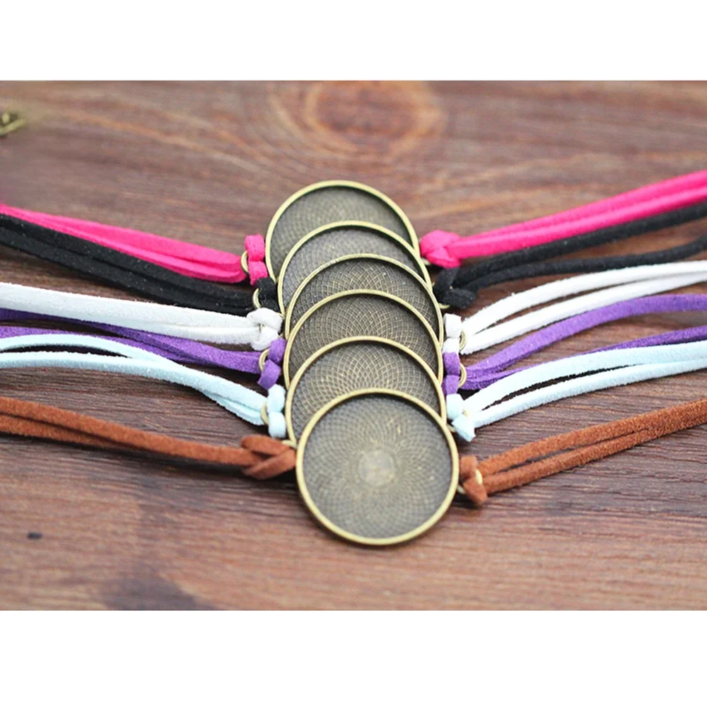 10 sztuk zamszowy sznurek ręcznie robiona bransoletka puste ustawienie 25mm okrągły Cabochon bransoletka biżuteria Bezel baza DIY komponenty do biżuterii — zdjęcie 2