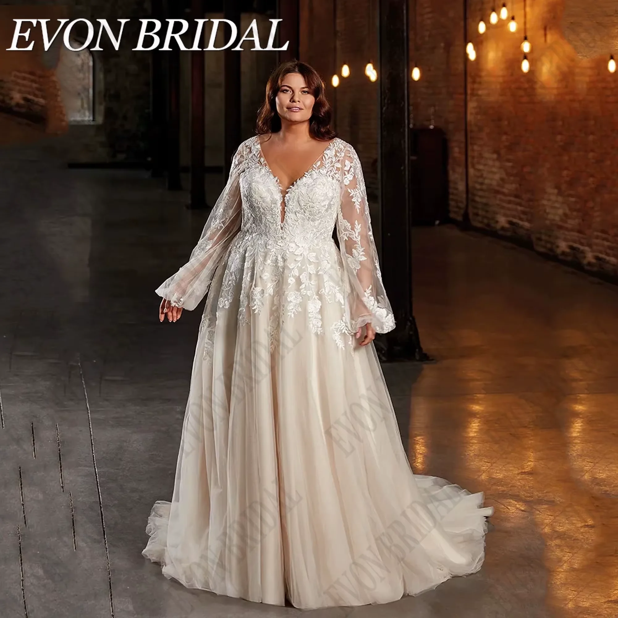 EVON abito da sposa da sposa Plus Size scollo a v maniche a sbuffo Applique a-line Backless pizzo abiti da sposa Sweep Train vestido de noviaEVON