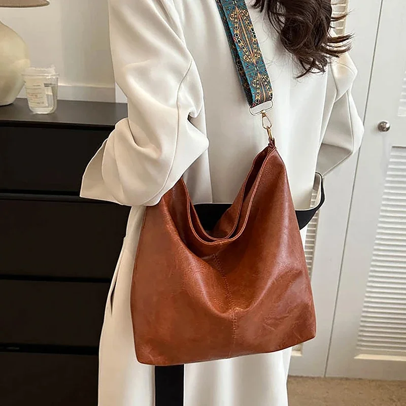 Vintage Solid Color Women Fashion Shoulder Sling Bag High-Capacity Simple Wide Strap Bucket Crossbody Bag — zdjęcie 2