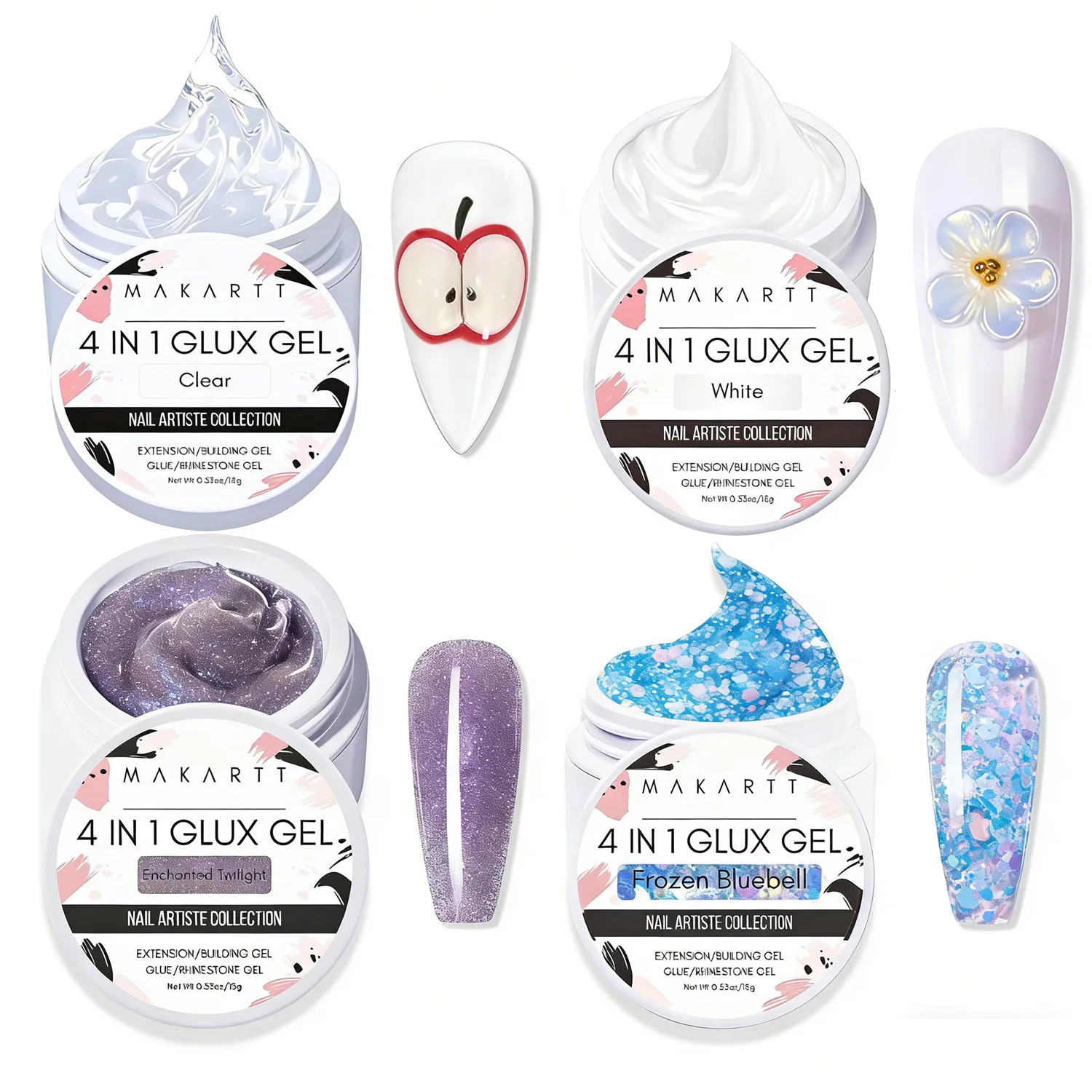 

Solid Builder Gel Non Stick 15ML , Makartt 4 In 1 Glux Gel Hard Extension Gel Nail Polish for 3D Molding Nail Art UV/LED Lamp