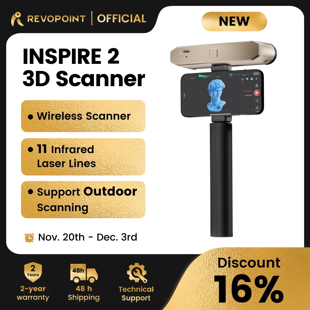 

Revopoint INSPIRE 2 3D Scanner PREMIUM For 3D Print 0.05mm 30fps Outdoor Scanner Infrared Multi-line Laser HandheldScan Wireless