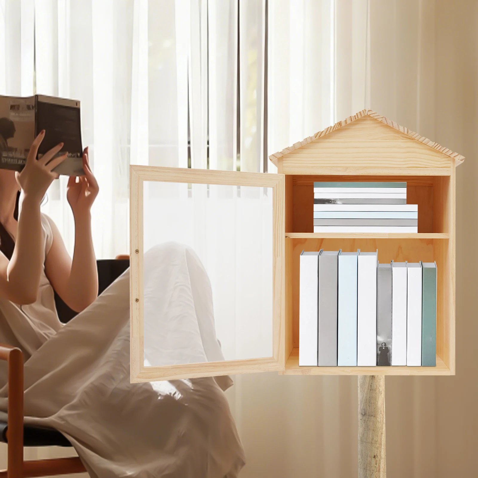 خزانة كتب خشبية من خشب الصنوبر والأكريليك بطبقتين لغرف المعيشة والمكتبات والمدارس والحدائق لتخزين الكتب والمجلات وما إلى ذلك