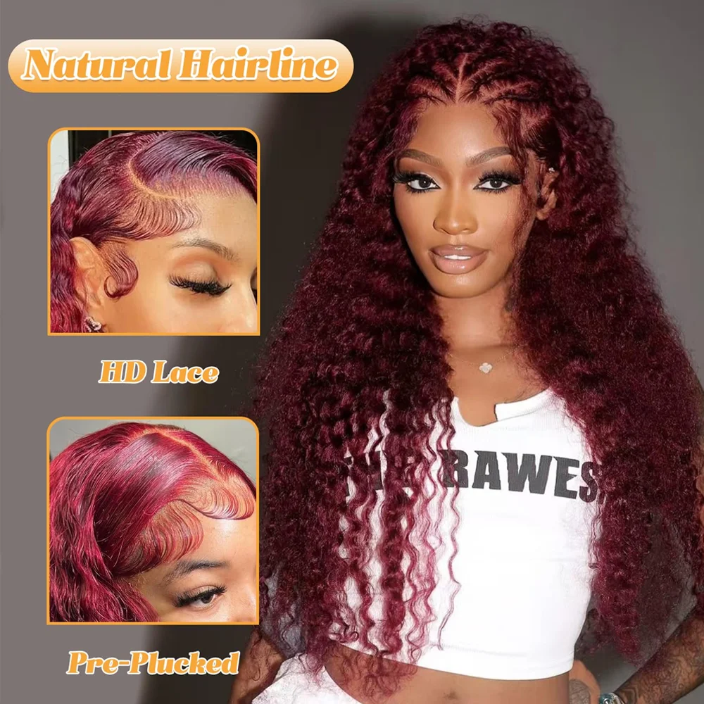 99j 버건디 레이스 프론트 가발 인모 딥 웨이브 13x4 HD 레이스 프론탈 가발 흑인 여성용 글루리스 인모 가발 프리 플러킹