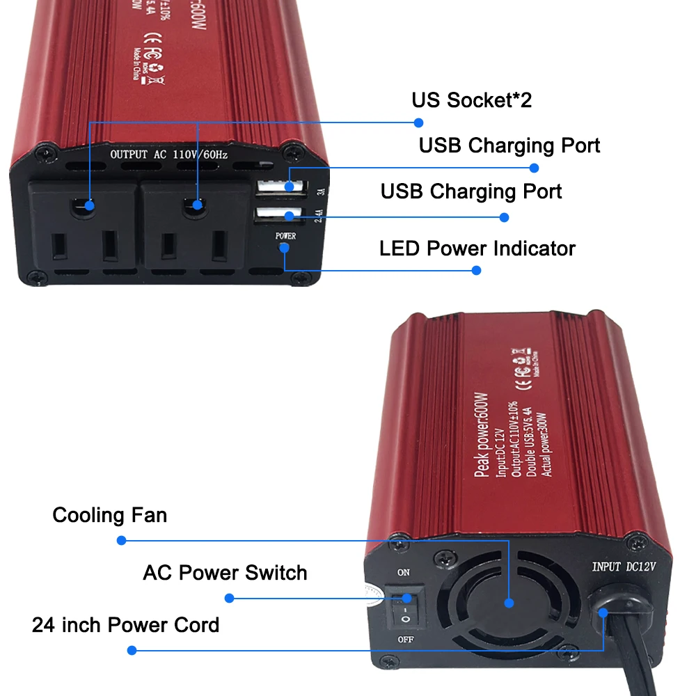 600W 12V To 220V 110V Power Inverter AC To DC EU US Universal Socket Solar Inverter  Dual USB Fast Charging Voltage Converter