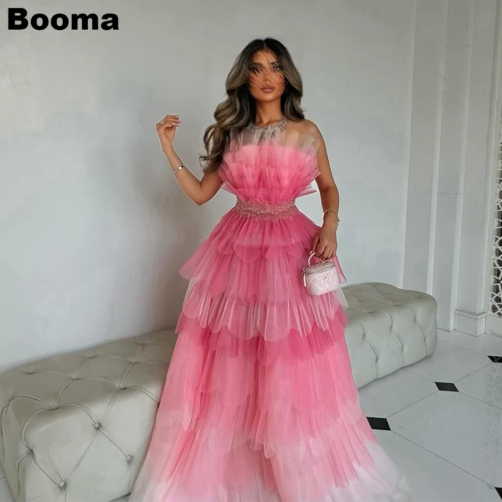 Booma Gradient Pink A-Line Prom Dresses Strapless Tiered Tulle Long Formal Occasion Gowns for Women Arabic Party Evening Dress