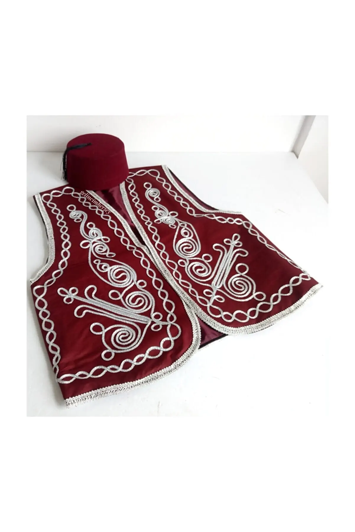 AMAZING - Everything For The Groom Burgundy Silver Embroidered Vest And Fez Exotic Ottoman Hat Burgundy Silver Embroidered Vest