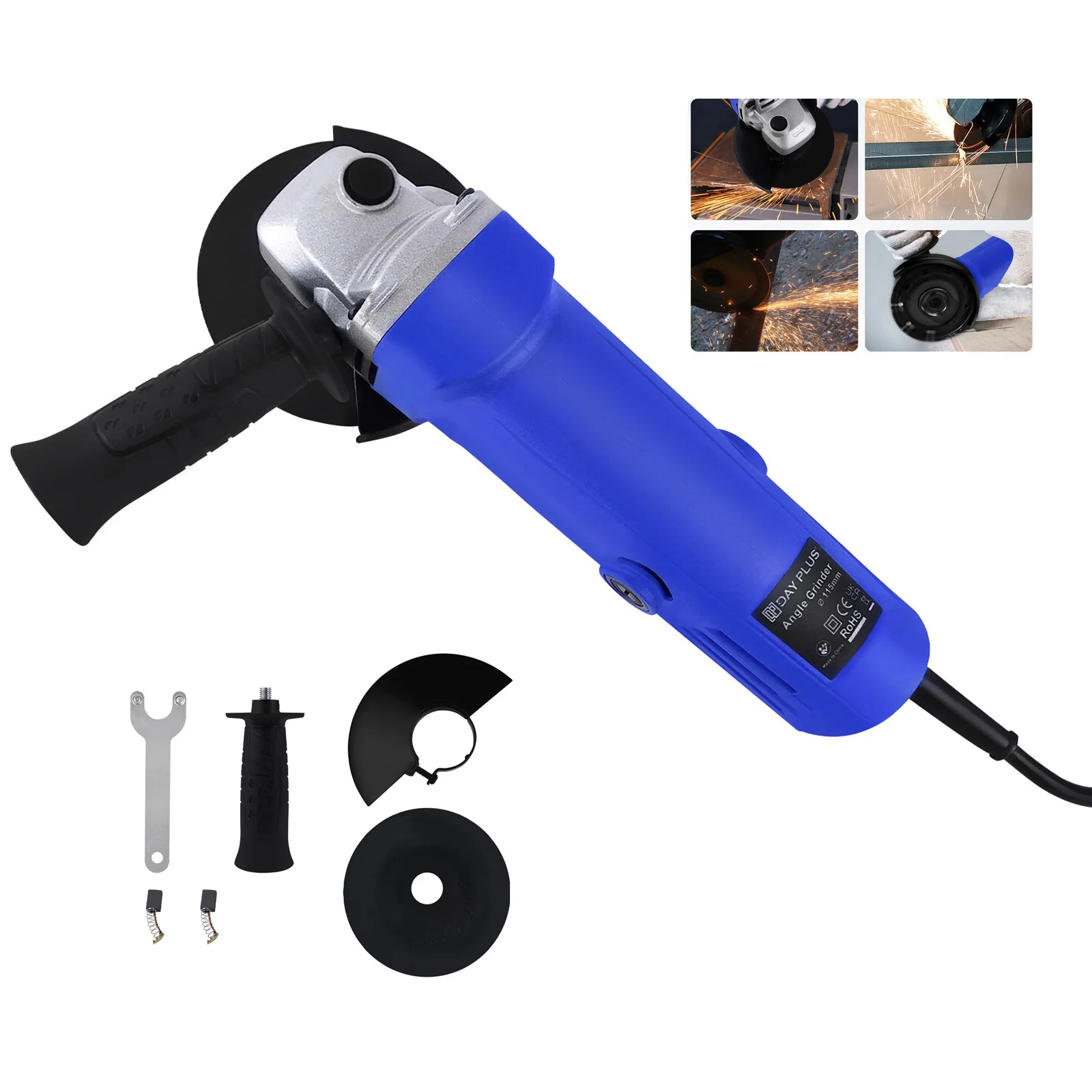 Amoladora angular eléctrica de 115 mm, máquina de corte y pulido manual multifunción con cable para azulejos y metal blando, con mango auxiliar y protector de seguridad