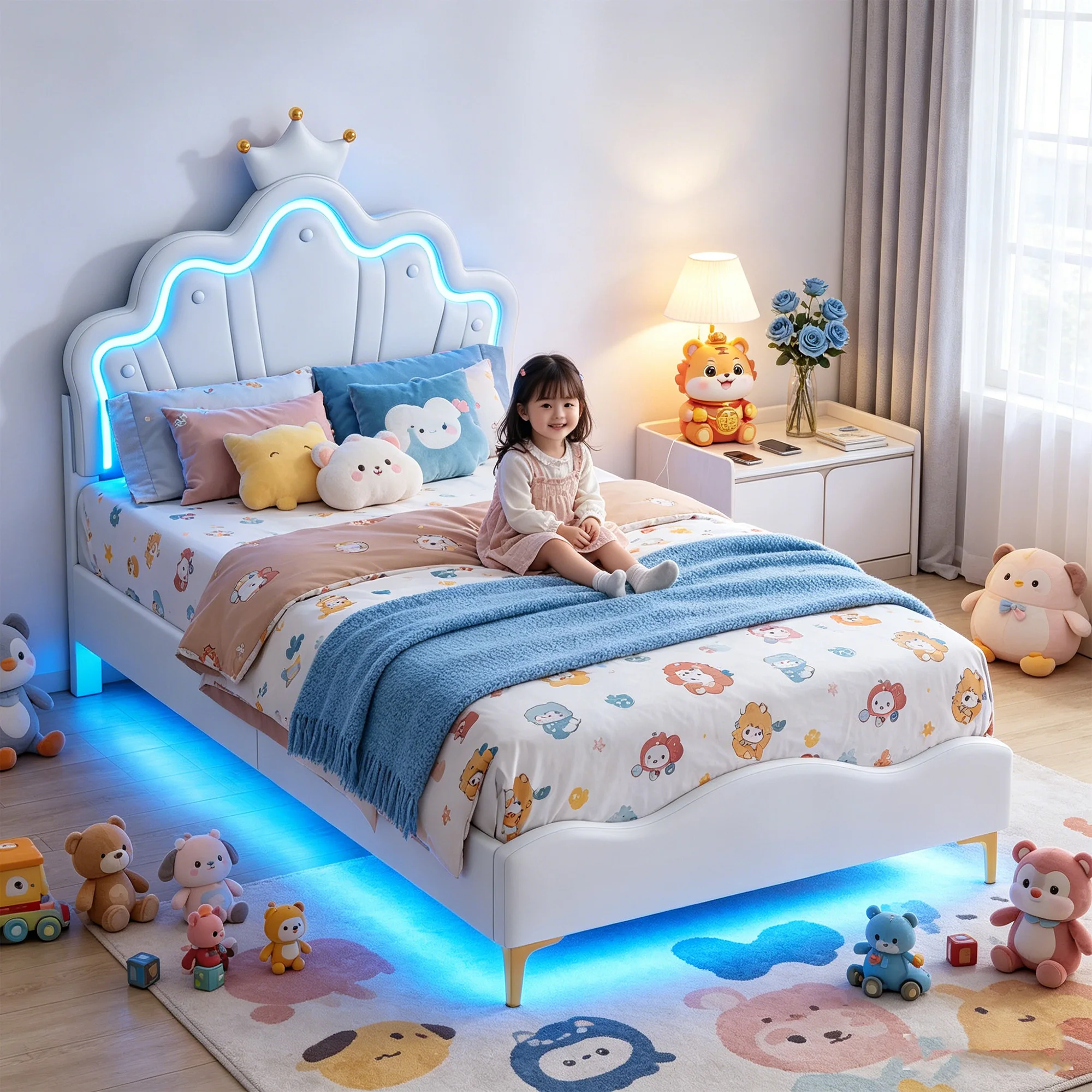 Superaly 90x200cm Kinderbett, gepolstertes Bett aus PU-Leder mit LED, Einzelbett, Mädchenbett, Prinzessinnenbett mit verstellbarem Kopfteil, Bettgestell, Weiß