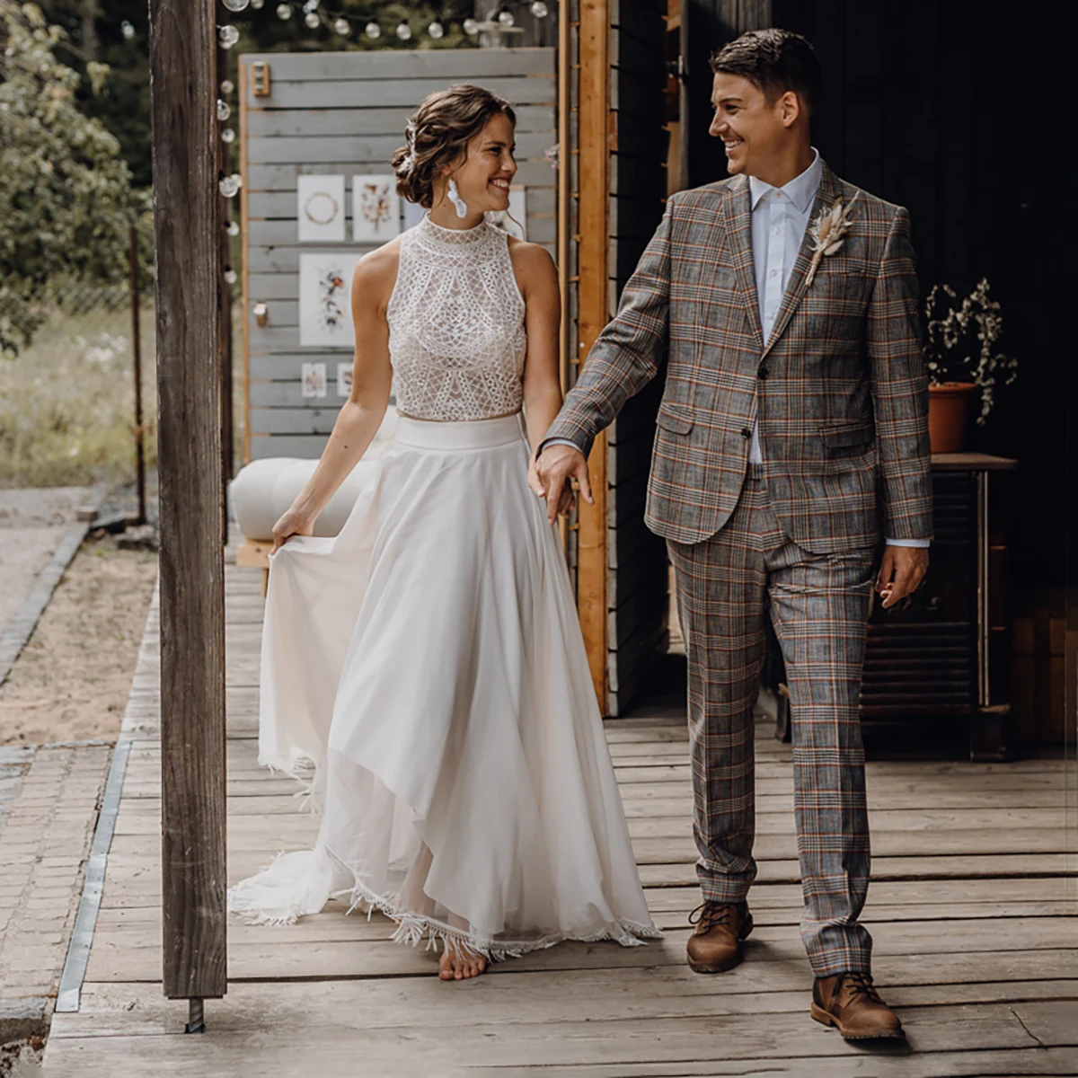 Duas peças saia franjas mock neck boho vestidos de noiva personalizado chiffon uma linha aberta volta borlas rendas vestido de casamento separado