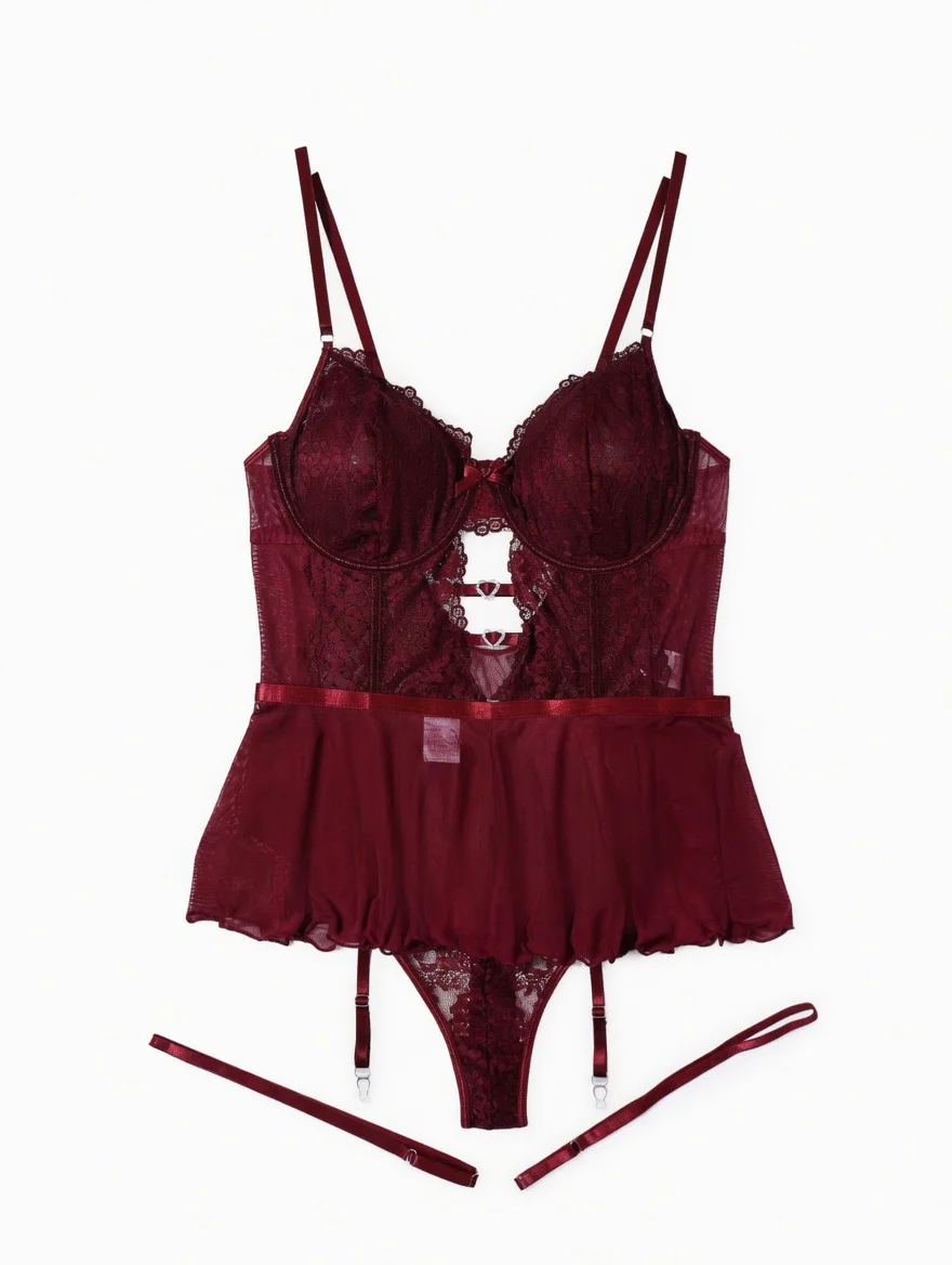 Luxury Burgundy Black Lace Babydoll Lingerie Set Plus Size Sheer Mesh Garter Chemise Thong Intimate Sleepwear