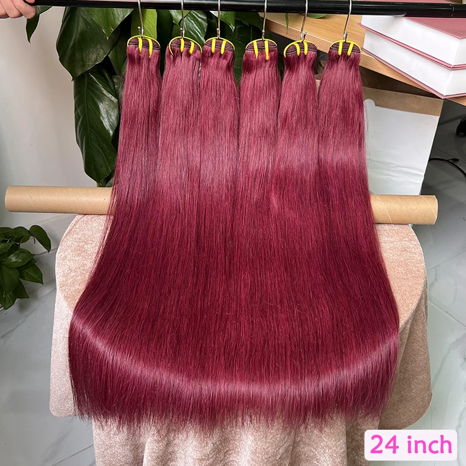 Double Drawn #99j Burgundy Straight Human Hair Bundles Red Colored 100% Virgin Hair Weave Extensions 1/2/3/4 pcs For Women