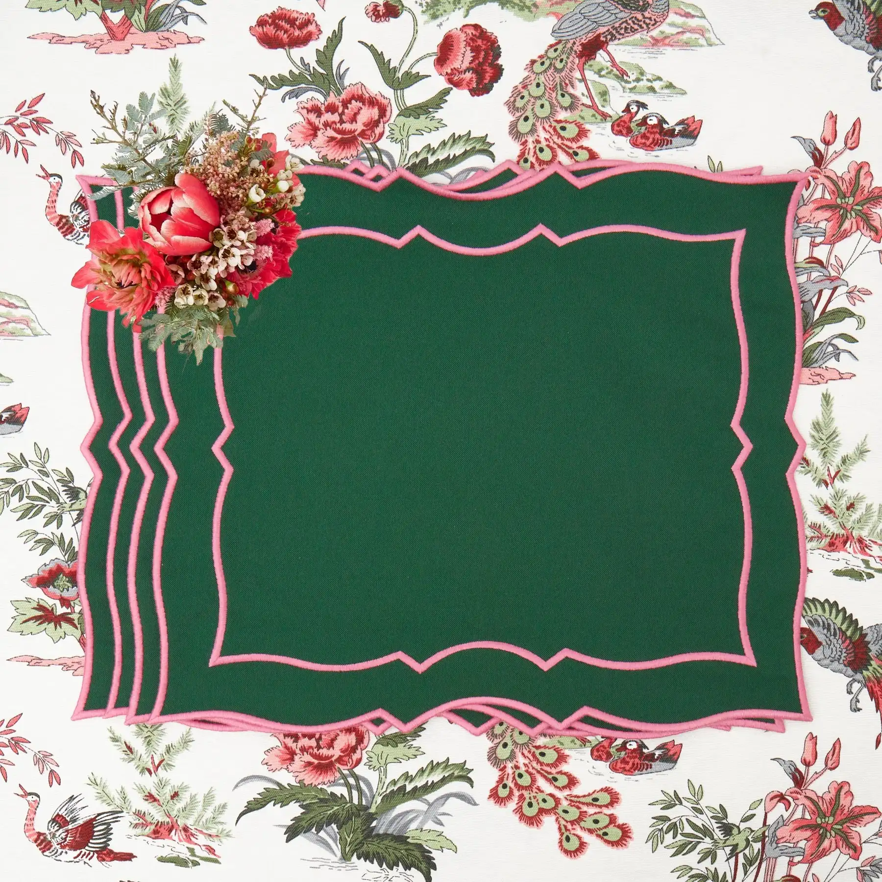 GREEN & PINK PLACEMATS NAPKINS  (SET OF 6)