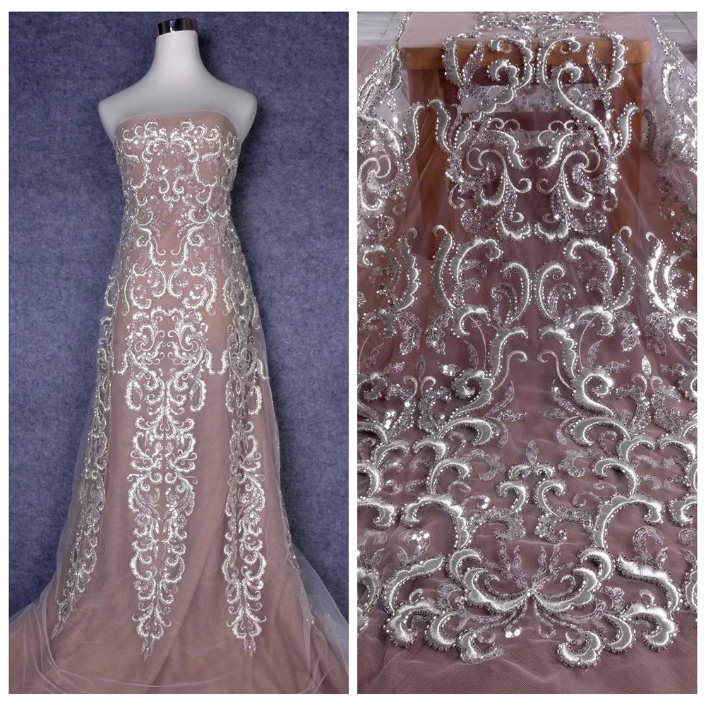 HelluyerDC  heavy Silver beading lace fabric,Large One Side patterns lace for fashion,wedding,evening,dance gown by the yard