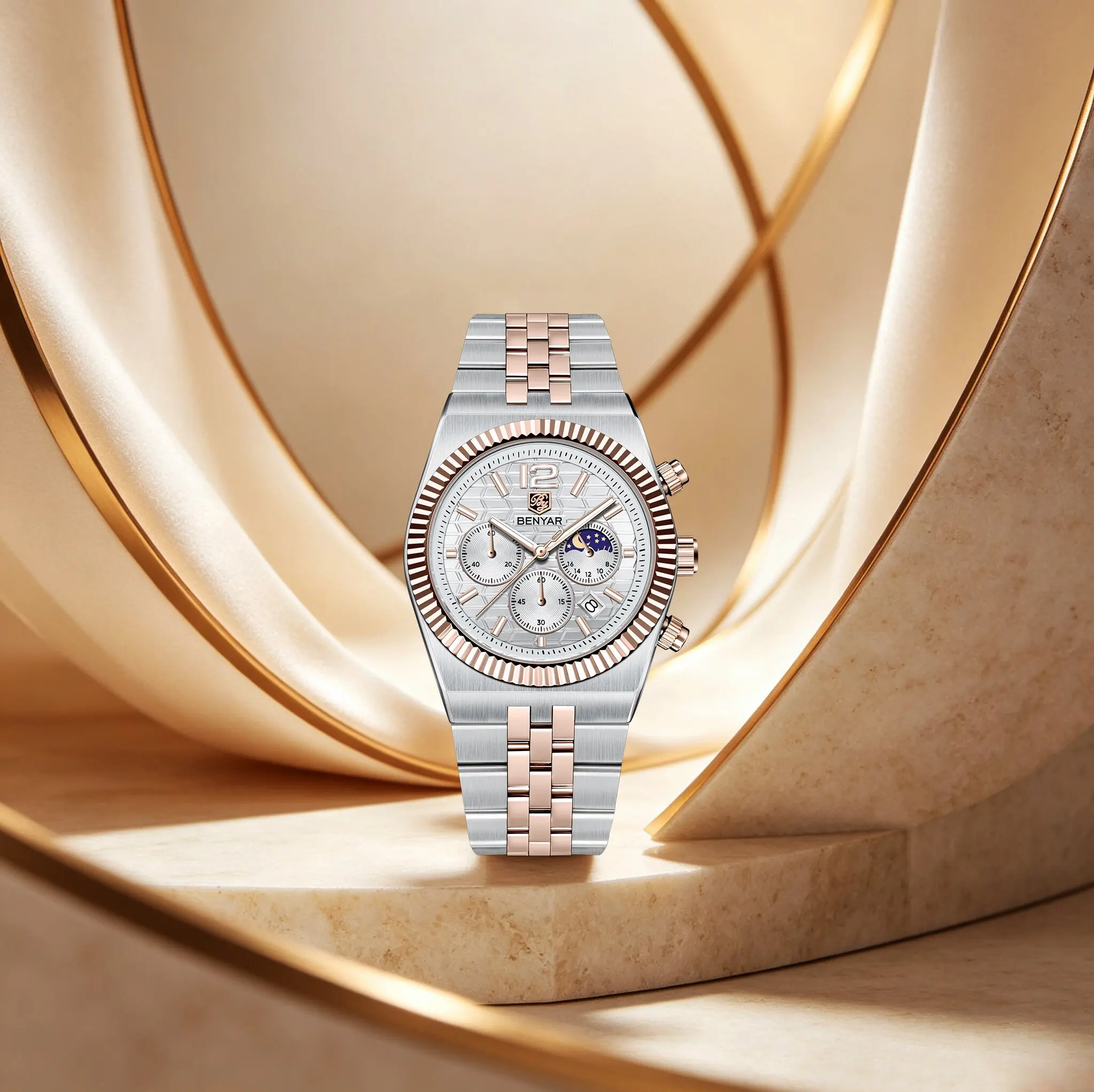BENYAR Orologi al Quarzo di Lusso Bicolore da Uomo con Display Fasi Lunari, Finestra Data, Luminosi, Impermeabili, in Acciaio Inox, Orologi Eleganti per Affari
