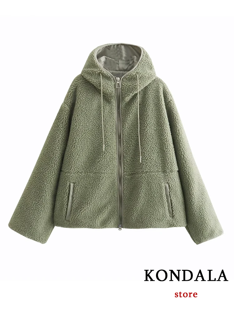 KONDALA New Chic Warm Green Fleece Jacket Hooded Zipper Pockets Soft Fluffy Material 2023 Autumn Winter New Loose Women Outwear