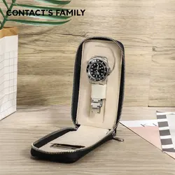 CONTACT'S FAMILY Vintage 100% Cowhide Leather Handmade Single Slot Watch Case with Zipper Travel Portable Pouch with Card Slot