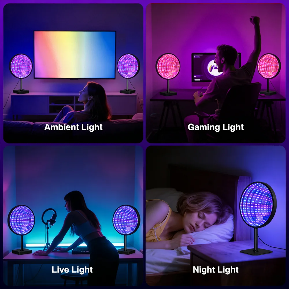 Runder Acryl-Infinity-Spiegel 3D Tiefen-Tunnel-Licht Kreative Zeittunnel-Ambientelampe mit RGB für Schlafzimmer, Nachttisch und Wohnzimmer
