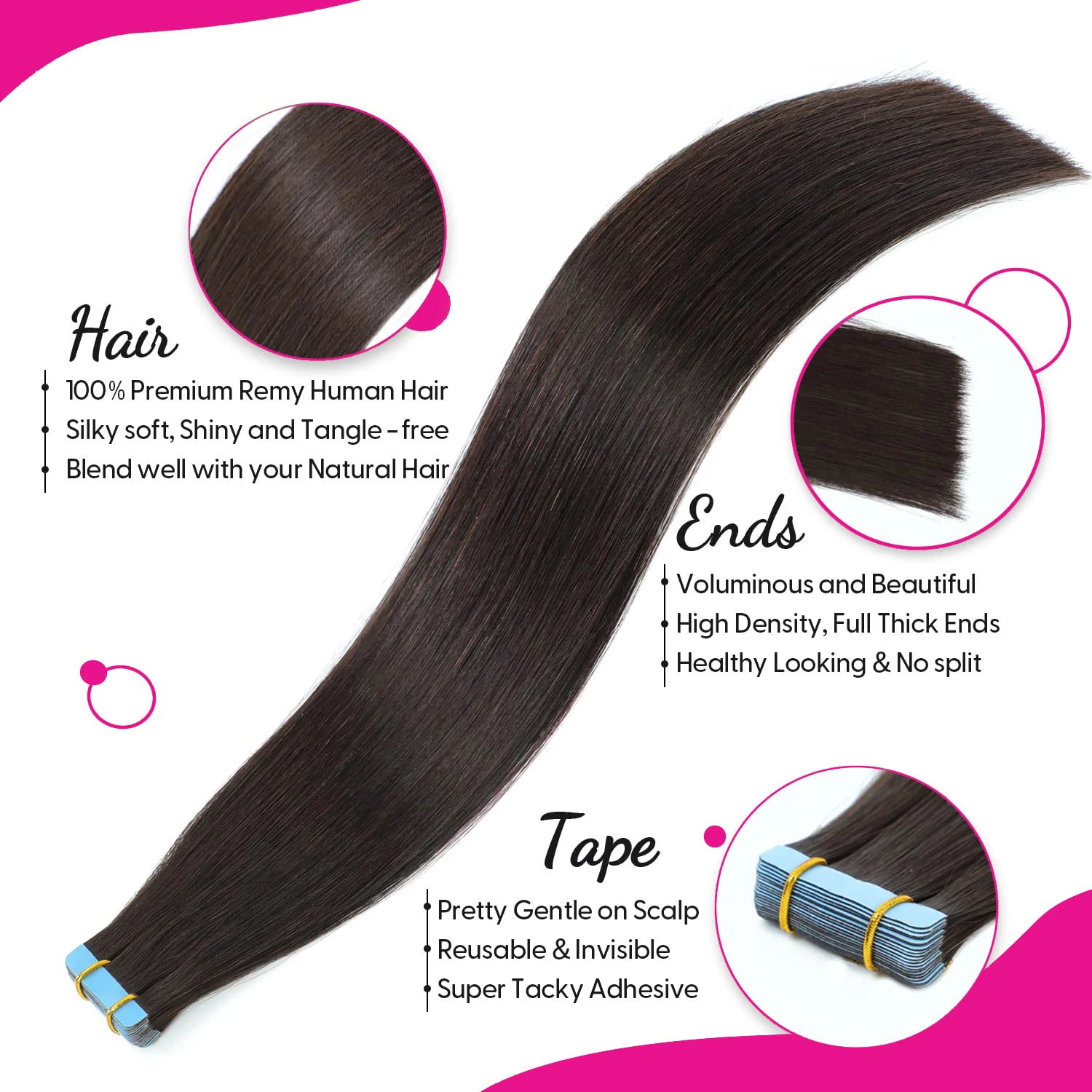 Audelami 10pcs/Pack Straight Tape In Hair Extensions Human Hair Brazilian Hair Adhesive Extensions 1B 100% Remy Hair For Women