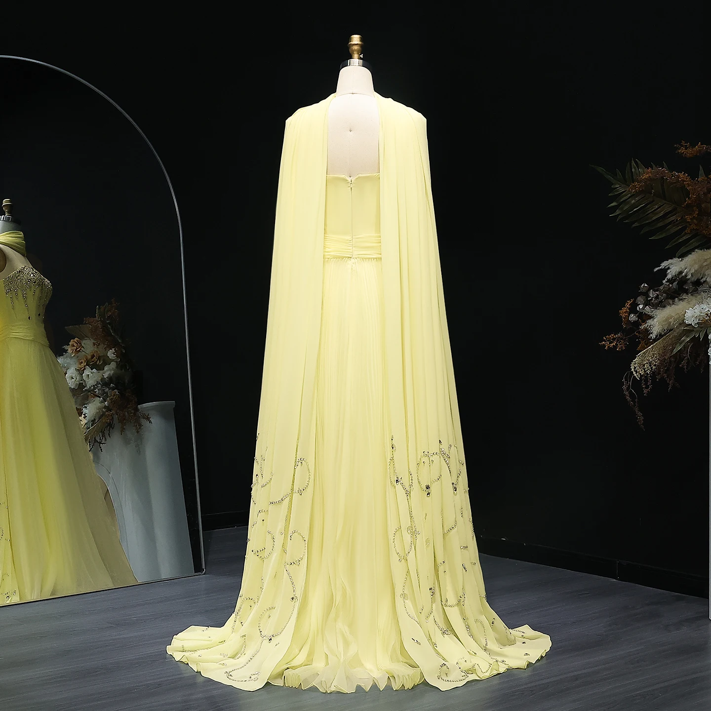 Sharon Said Abito da sera arabo giallo pieghettato di lusso con mantella in cristallo eleganti abiti da festa di nozze Dubai XD-009 personalizzati