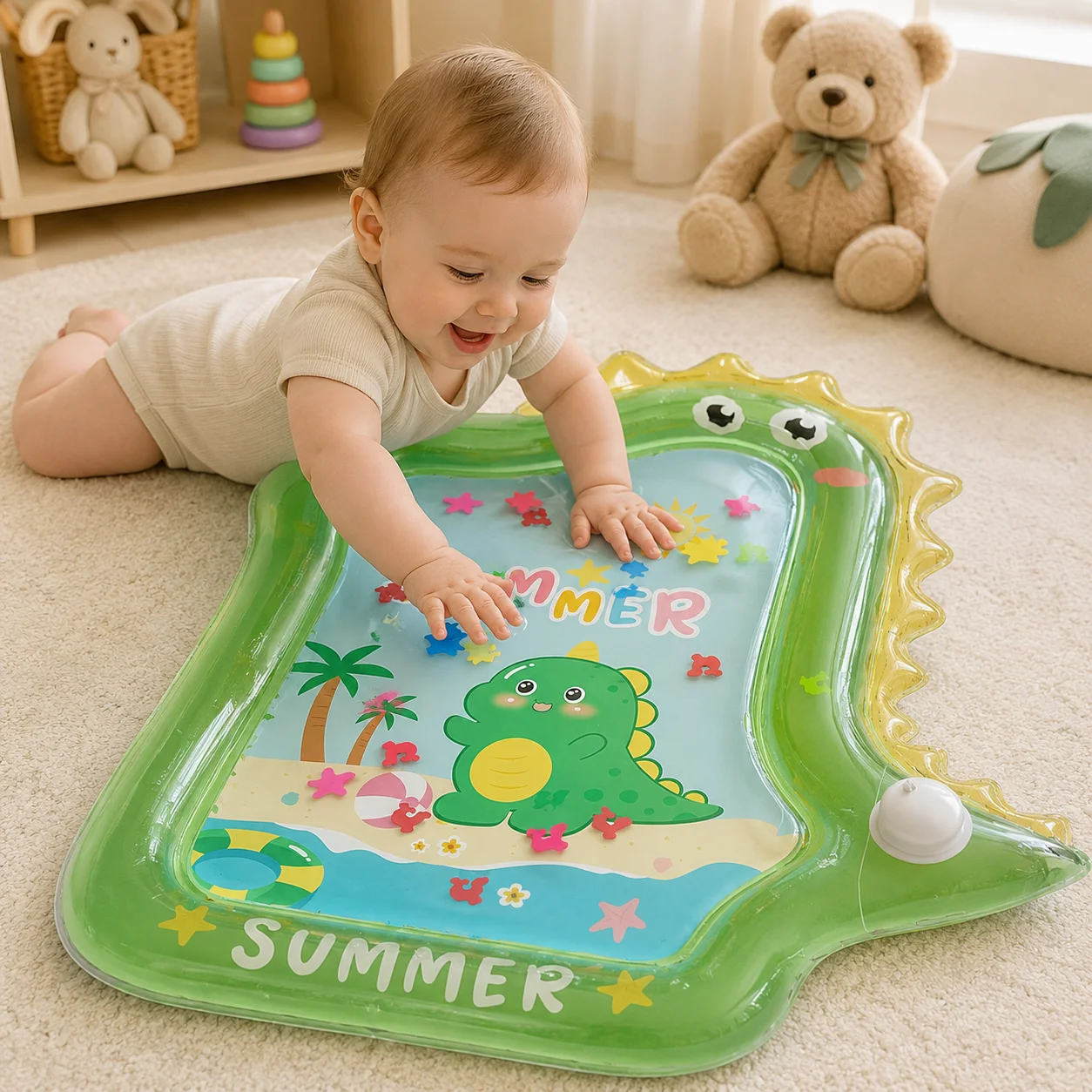 Interactive Water Play Mat, Cute Dinosaur Inflatable Sensory Pad with Moving Pieces for Indoor Outdoor Use