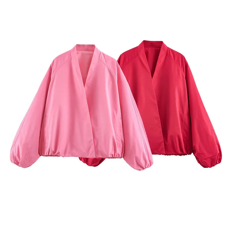 Women Pink V Neck Wrap Front Raglan Lantern Sleeve Jacket Loose Elastic Hem Windbreaker Short Coat Casual Streetwear Tops 2026