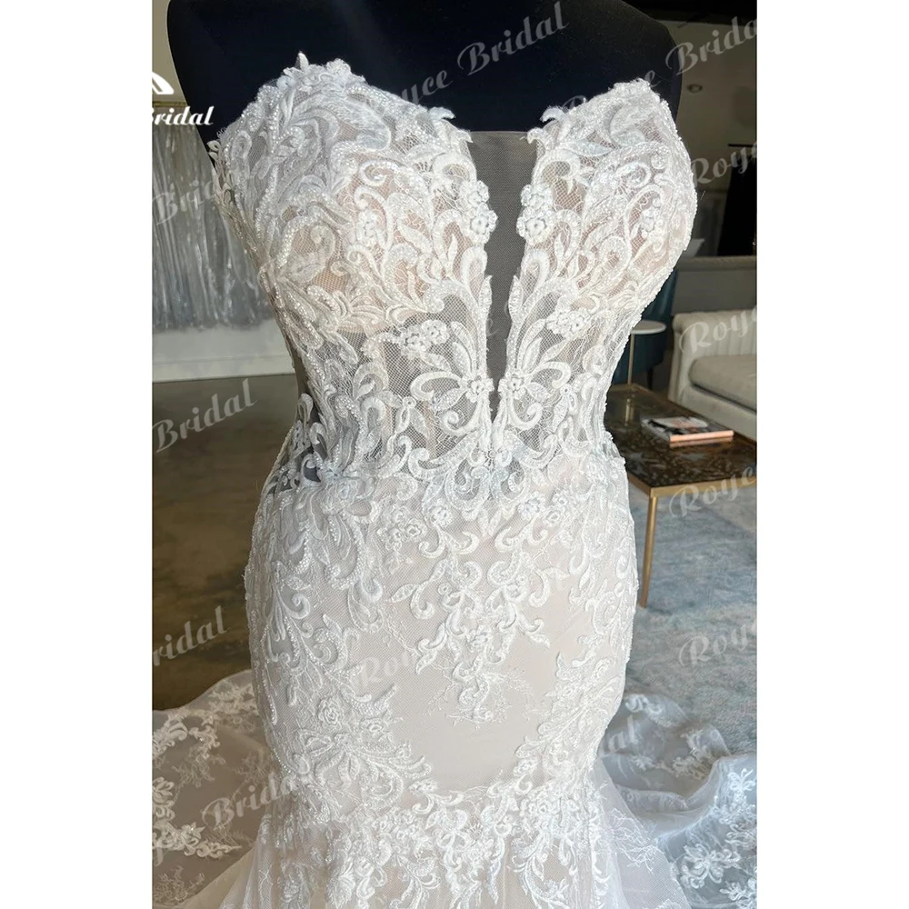 Vestido de noiva sereia para mulheres, sem mangas, botão traseiro, apliques de renda, varrer tule, vestido de noiva boho, querida sexy