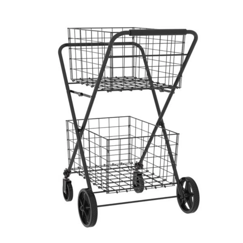 

2 Layers Shopping Foldable Utility Shopping Carts with Double Basket and 360° Rolling Swivel Wheels for Groceries Laundry