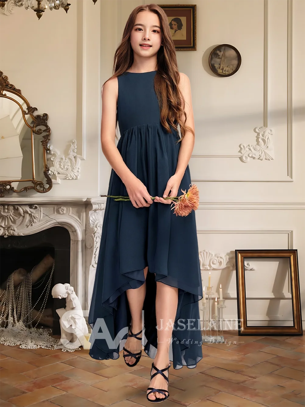 

B Elegant A-Line Chiffon Junior Bridesmaid Dress Scoop Asymmetrical Length Flower Girl Dress Kids Party Wedding Formal Dress