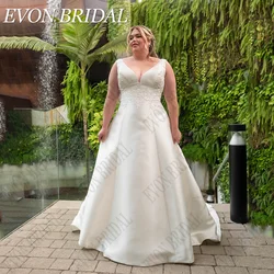 Evon bridal-ノースリーブのAラインのサテンのウェディングドレス、クラシックな花嫁のガウン、レースのアップリケ、プラスサイズ、エレガント