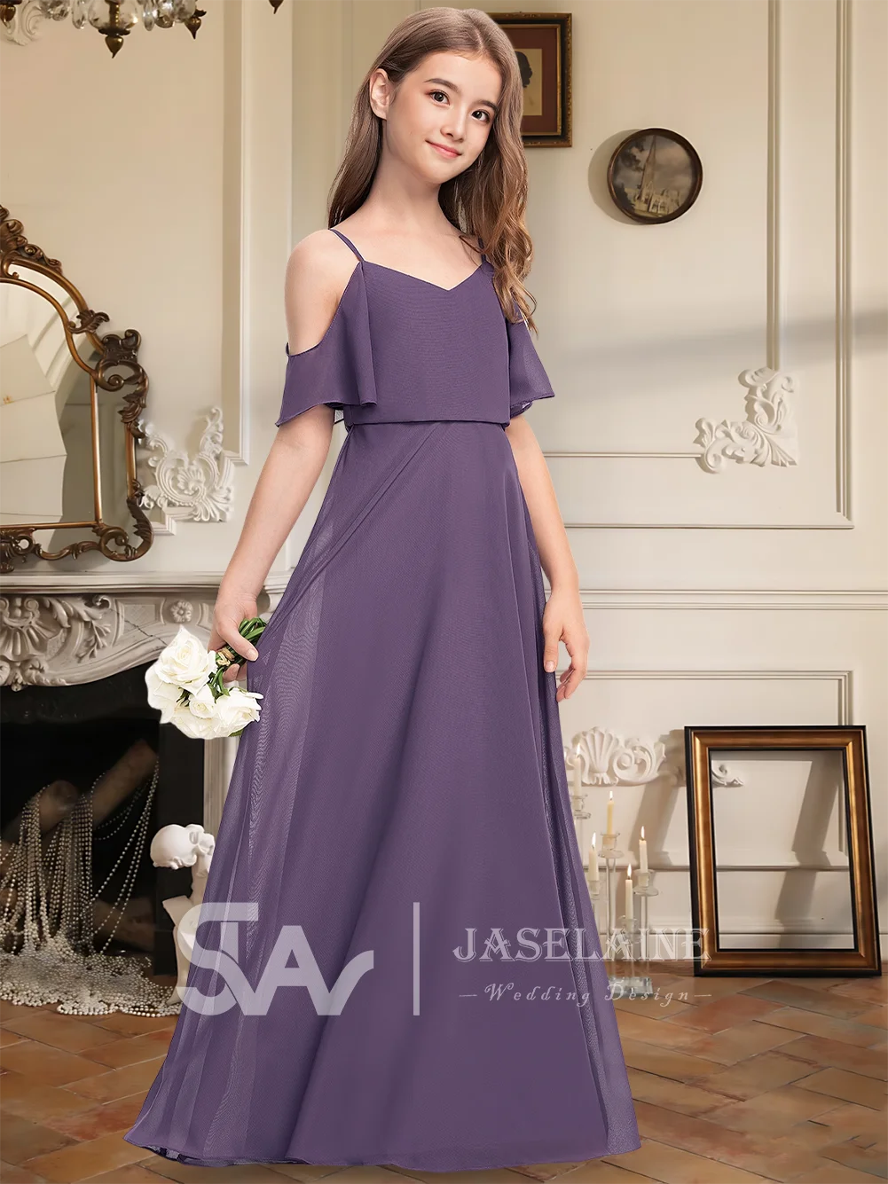 Элегантное платье подружки невесты из шифона с открытыми плечами длиной до пола, платье с цветочным узором для девочек, трапециевидное платье на тонких бретельках для девочек, торжественное мероприятие