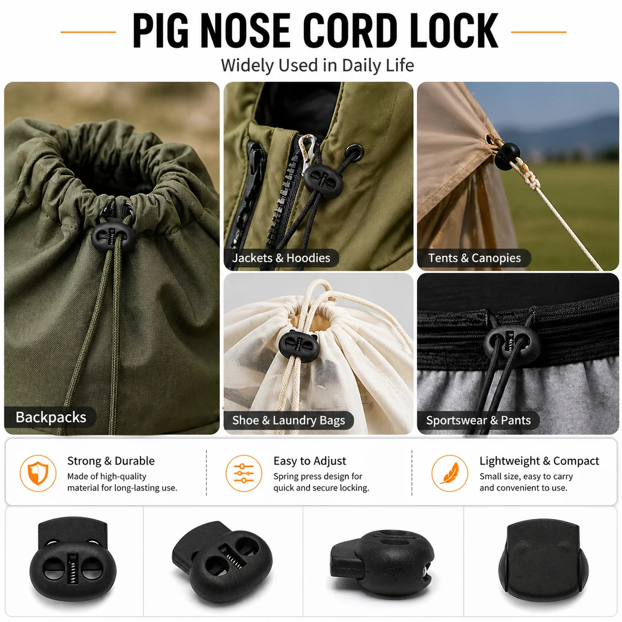 

50PCS Black Cord Locks Drawstring Stoppers Durable Cordend Pig Nose Fasteners for Camping Backpack Strap Adjuster Buckle Tents