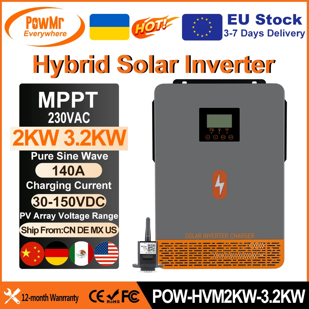 PowMr 3.2KW 2KW Hybrid Solar Inverters 24V 12V to 220V Pure Sine Wave MPPT 140A Solar Charge Controller for Panel PV 150VDC WIFI