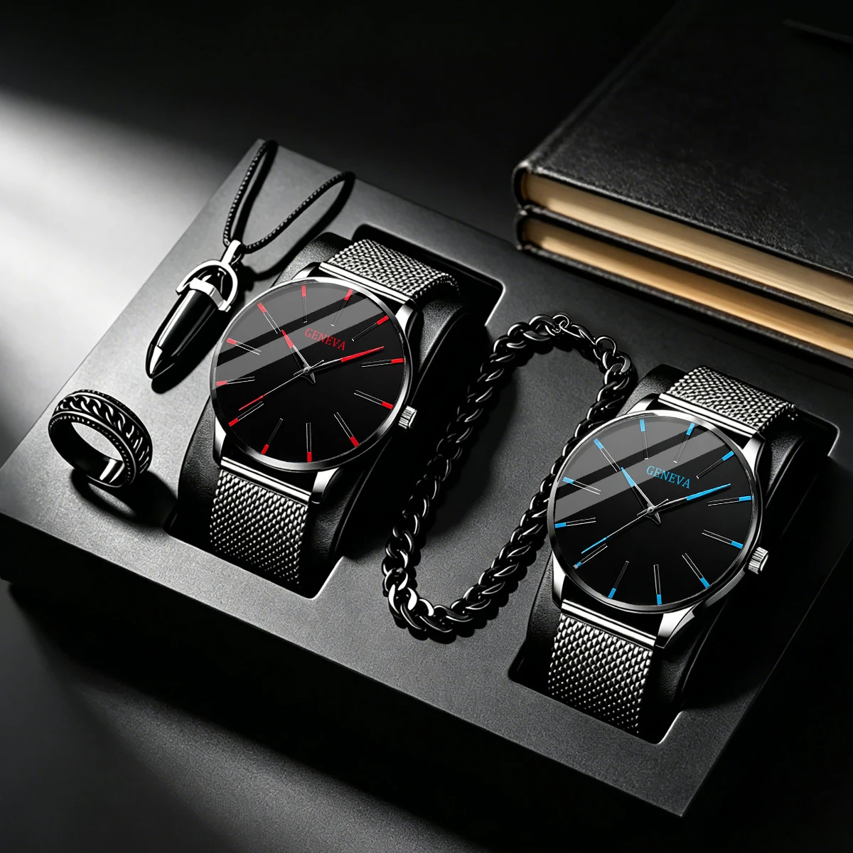 5-Piece Set of Men's Sporty, Fashionable, Casual Watches and a Set of Necklace, Bracelet, and Ring, Suitable for Daily Wear, Birthday Gifts, Back-To-School Season Decorations, Valentine's Day and Christmas Gifts, an Excellent Choice for Men