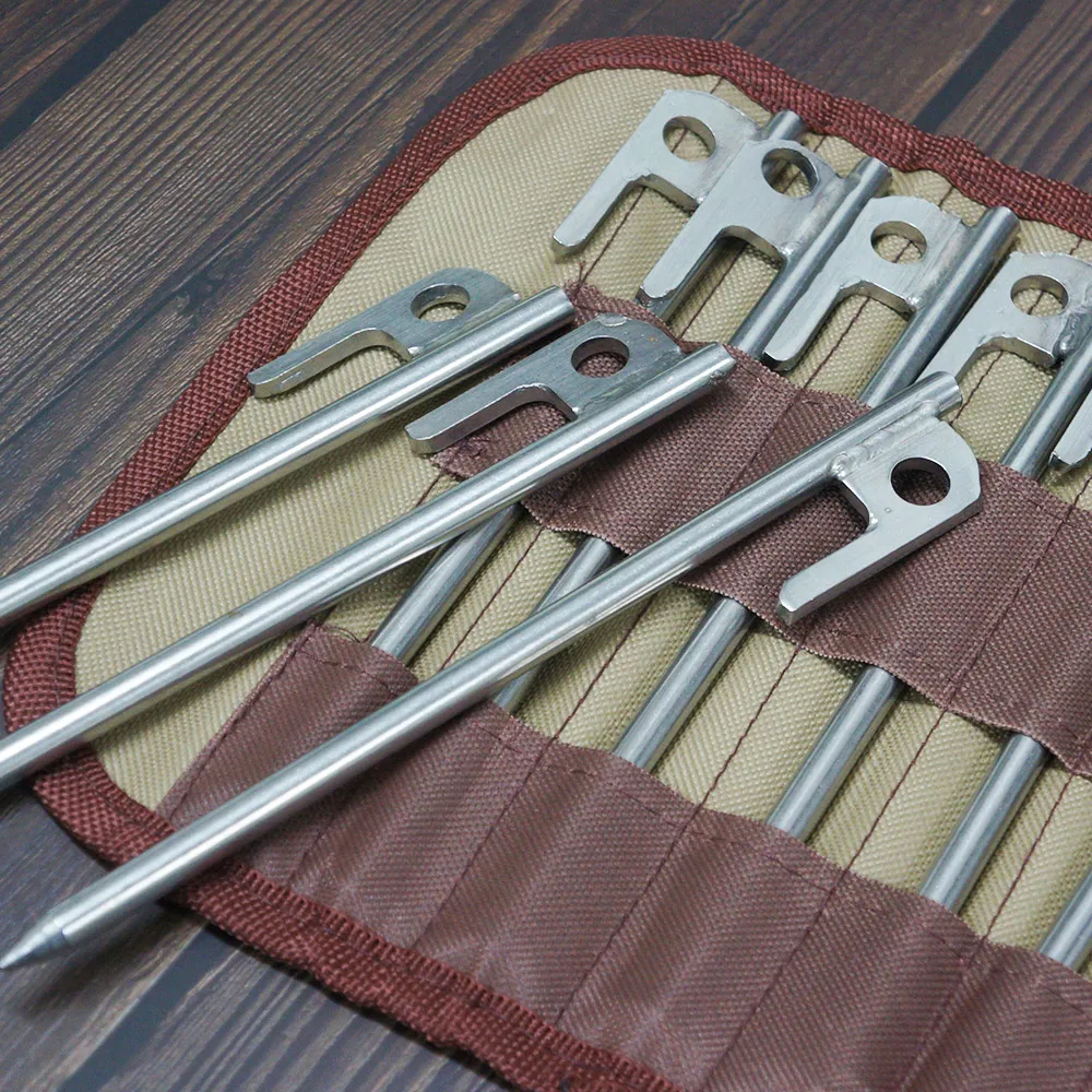 مجموعة حزمة قماش القنب لخيمة التخييم بما في ذلك صندوق تخزين، أوتاد من الفولاذ المقاوم للصدأ 12 سم 20 سم 30 سم حزمة مزورة.