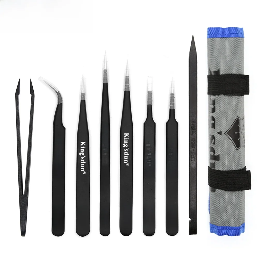 KING'SDUN 8Pcs Pinças Anti-estático ESD Pinças De Aço Inoxidável Set Precisão Industrial Curvo