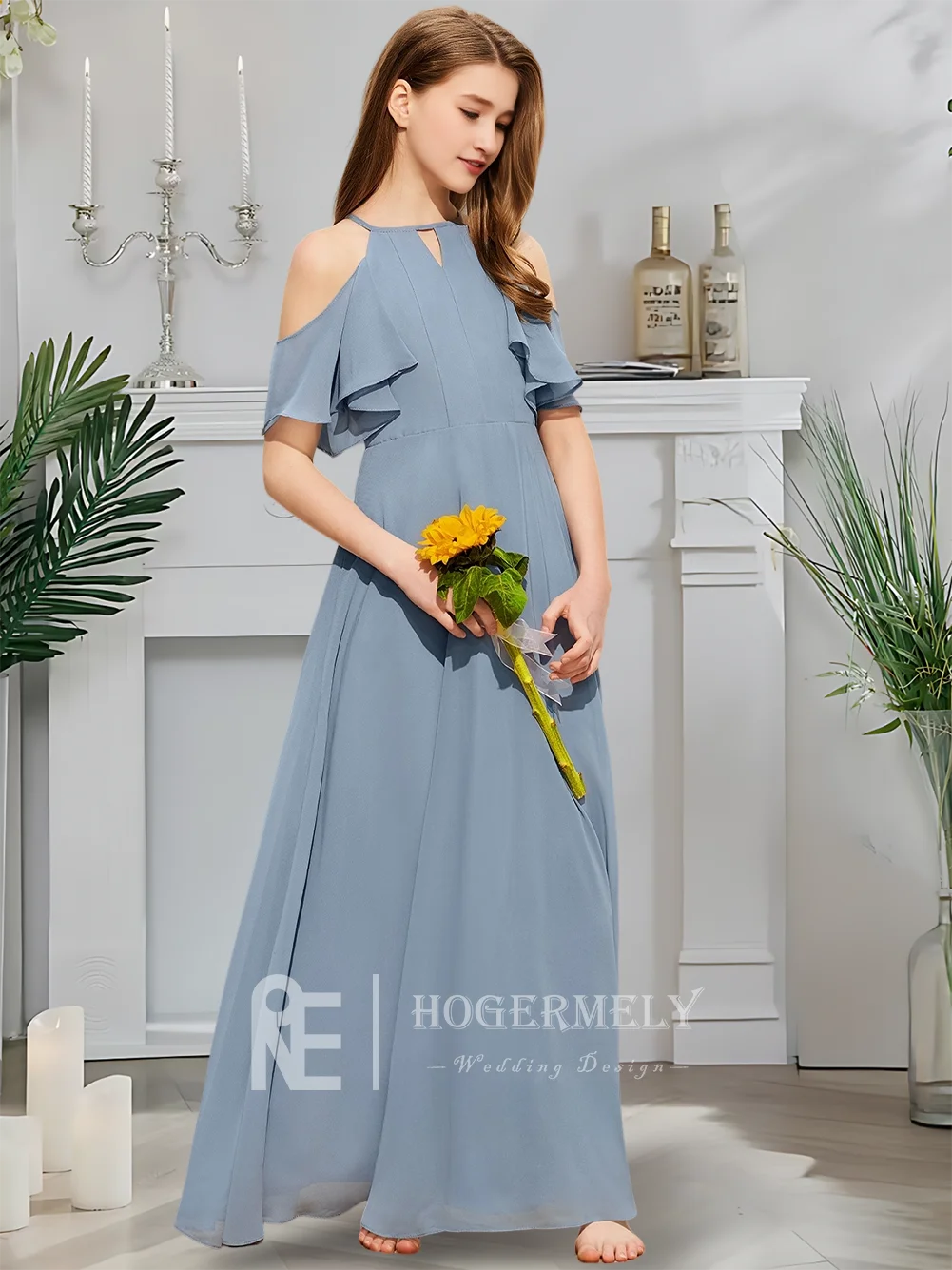 ホルター ジュニア ブライズメイド ドレス ミスティ ブルー フラワー ガール ドレス フロアレングス シフォン カスケード フリル レイヤー 結婚式