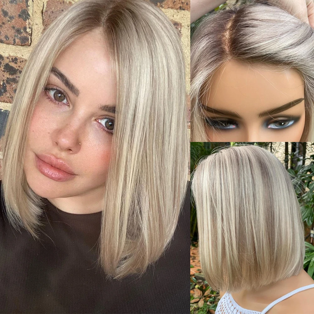 

Highlights Gorgeous Bob Wig Light Ash Blonde Roots Cheap Human Hair Full Lace Wigs Pre Plucked Hairline HD 13x4 Lace Front Wig