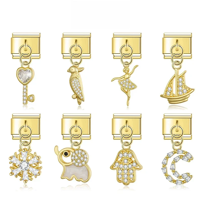 Hapiship 2024 breloques italiennes liens ajustement 9mm Bracelet en acier inoxydable mode femmes lune clé voilier CZ bijoux à bricoler soi-même cadeau DJ1283