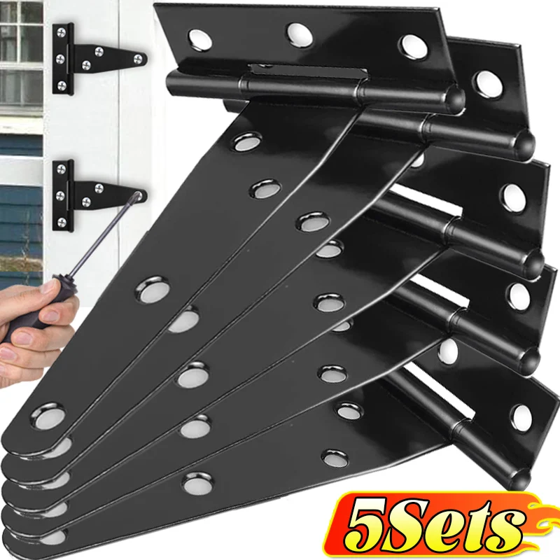 5/1 Sets Charnières en T robustes noires en fer galvanisé pour portes, portails, abris, armoires, granges, avec vis