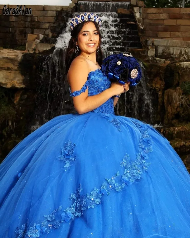 Cara & Alan-elegante vestido de quinceañera azul para niña, vestido de fiesta de 15 años, con apliques florales