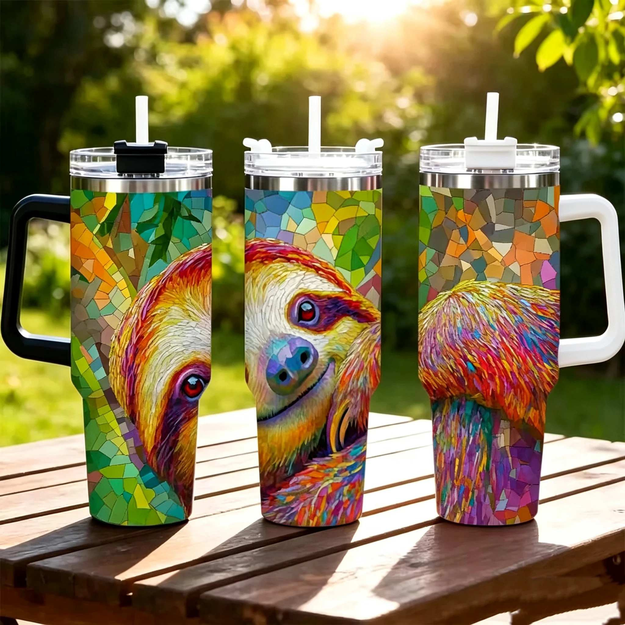 40oz Colorful Mosaic Sloth Tumbler With Handle Straw Lid, Double Wall Vacuum Insulated Stainless Steel Travel Mug, Stained Glass Animal Print Cup For Car Outdoor